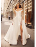 Off Shoulder Ivory Satin V Back Slit Wedding Dress